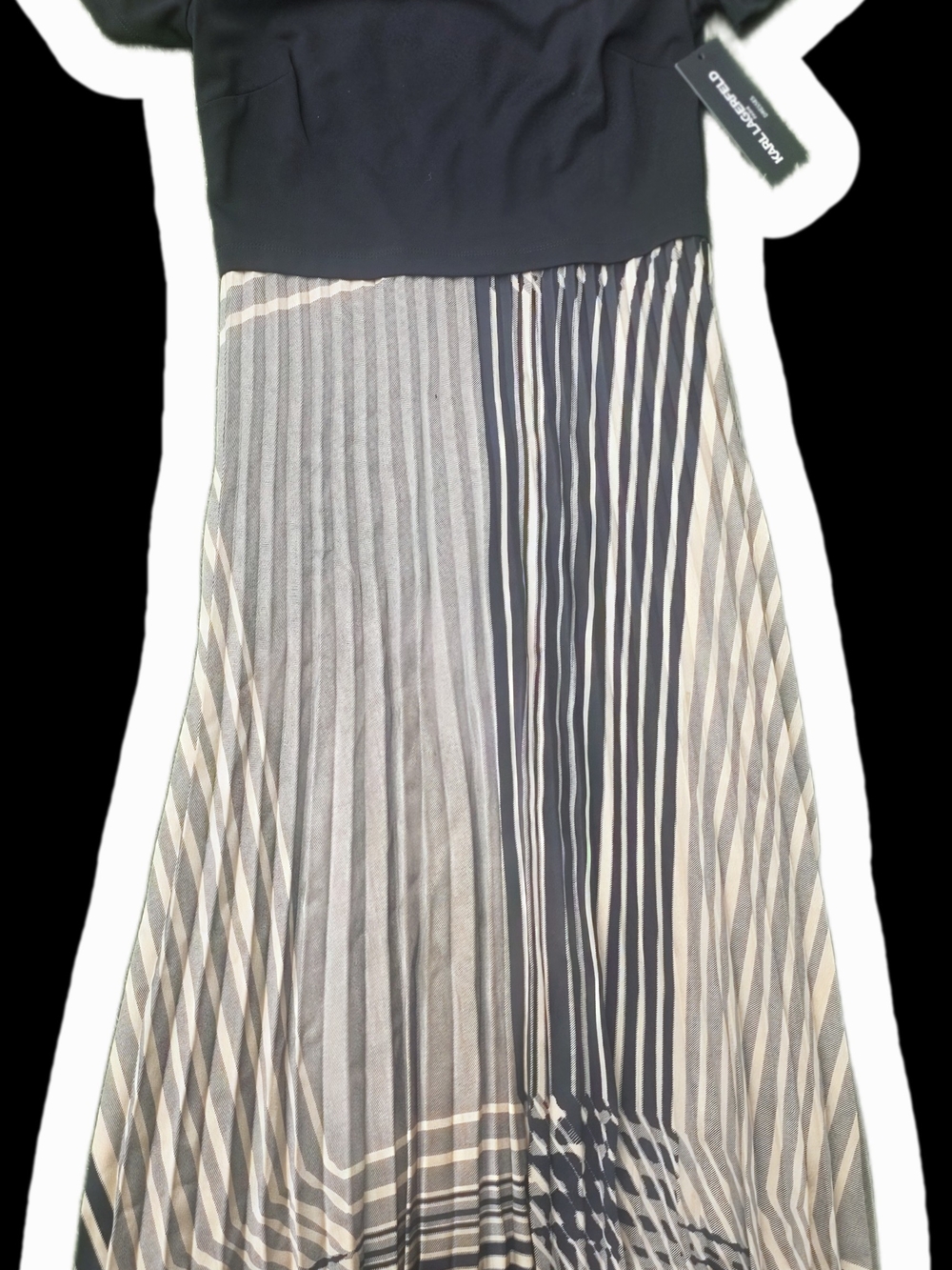 Karl Lagerfeld Black Top with Neutral Striped Pleated Maxi Skirt